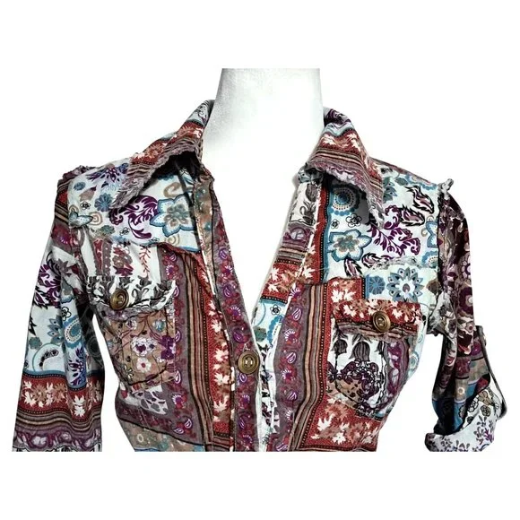 Crown of Hearts Shirt Womens Size S Top Boho Patchwork  Button Down Collared Adj - Picture 2 of 16